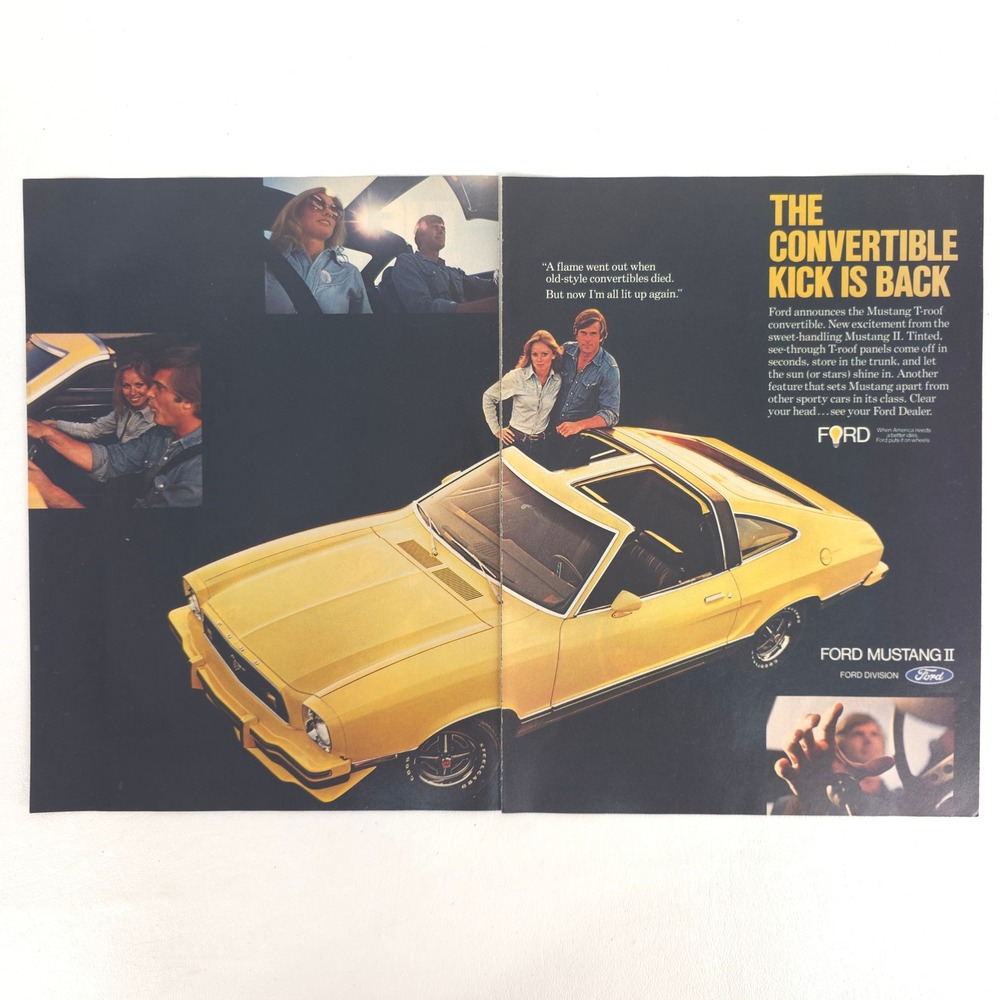 1977 Ford Mustang II T-Roof Print Ad Vintage Garage Wall Promo Art Kick Is Back